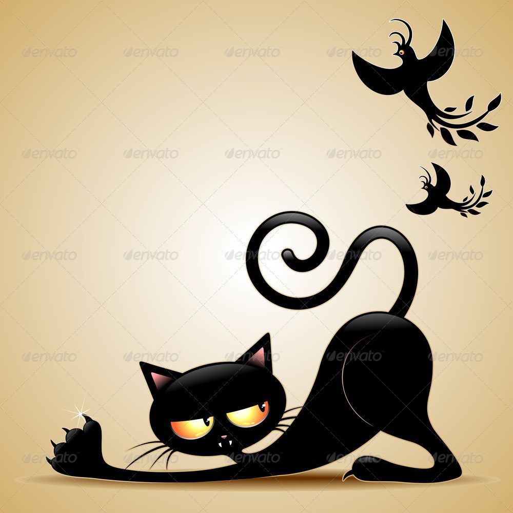 Cat Cartoon in Ambush with Mouse and Birds, Vectors | GraphicRiver